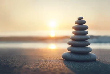 Zelfklevend Fotobehang Pyramid stones balance on the sand of the beach © runrun2