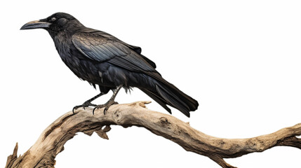 Umbrella bird on the trunk in white background. Black crow, Corvus corone, common crow AI Generative - obrazy, fototapety, plakaty