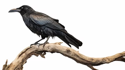 Fotobehang Umbrella bird on the trunk in white background. Black crow, Corvus corone, common crow AI Generative © Witri