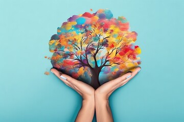 tree used health mental emotion positive nature connection concept creativity spirituality tree colorful Head - obrazy, fototapety, plakaty