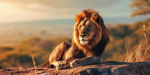 A Majestic Proud Lion King on the Savannah sitting regally on a Rock Wallpaper - Warm Light of the Setting Sun Highlighting its Mane - Lion Wildlife Background created with Generative AI Technology © Animals Creator