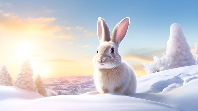 easter bunny on ice in winter with back of shining sun