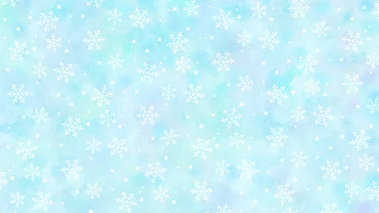 Selbstklebende Fototapeten 雪の結晶　水彩の背景素材　キラキラ柄　雪景色　冬景色　16:9 © あんもち