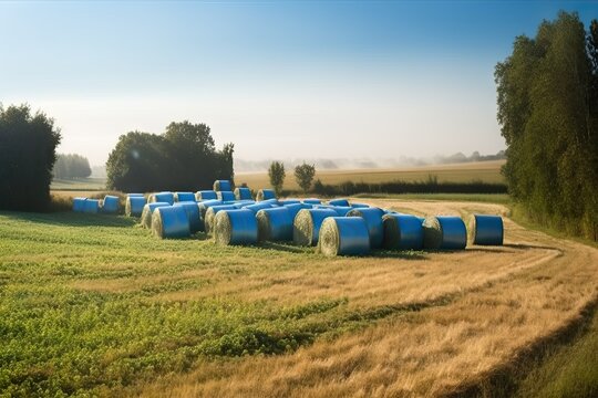 plastic covered bales hay summer late fields Harvesting