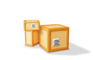 3D Stack of Cardboard Boxes Isolated. Render Heap Post Parcel in Craft Paper, Wooden Crate. Postal Signs of Fragile. Carton Cargo Delivery Packaging Box. Transportation Logistics. Vector Illustration