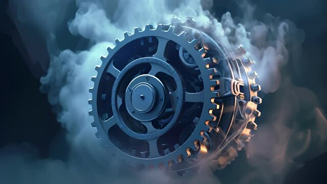 An animated gear wheel with vapors of blue smoke demonstrating the automation of overtheair updates. .