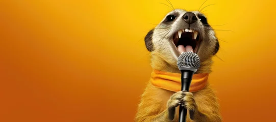 Foto op Plexiglas  A meerkat singing into a microphone, an imaginative take on performance and communication © AdriFerrer