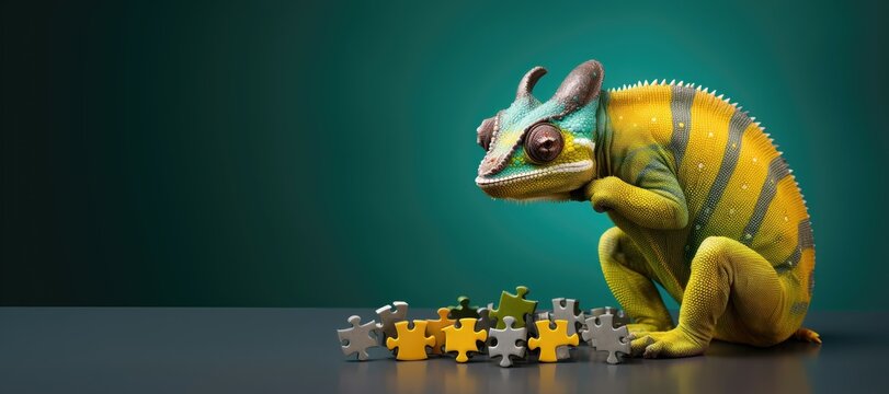 A chameleon contemplating a puzzle, a metaphor for problem-solving and adaptability