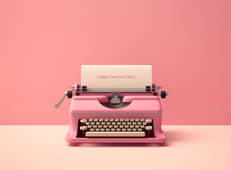 Pink vintage typewriter on pink background. St. Valentine concept. Banner with copy space. - obrazy, fototapety, plakaty