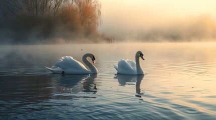 Graceful Swans on a Misty Lake at Dawn - Gliding Gracefully on a Misty Lake in the Early Morning Light casting a Soft Glow on Water - Beautiful Swan Background created with Generative AI Technology