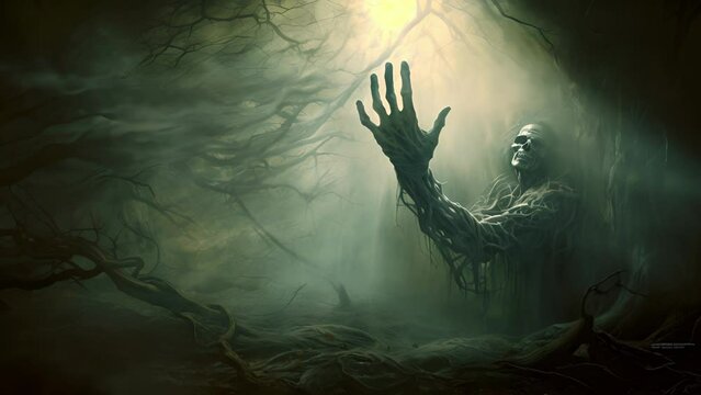 A skeletal hand rises from an eerie fog revealing a mystic portal to the unknown.