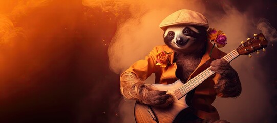  A whimsical sloth playing guitar, adorned with a hat and flowers, blending music and nature