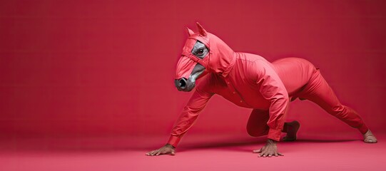 A human with a horse head in a red suit, striking an athletic pose against a red backdrop