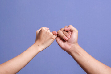 Pinky promise hands gesturing. Concept of reconciliation of friends or lovers. - obrazy, fototapety, plakaty