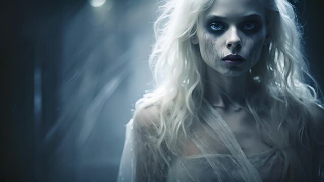 A spectral image of a female with a pale otherworldly beauty a forlorn expression on her spectral face.