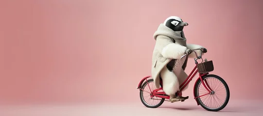 Schilderijen op glas An anthropomorphic penguin wearing a cozy coat, poised on a pink bicycle © AdriFerrer