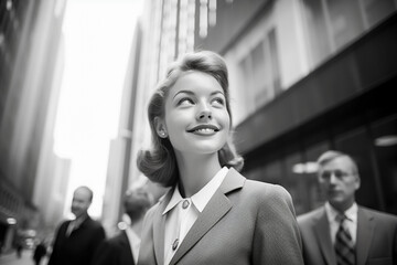 Retro style person from 1960s walking to work with beautiful old-fashioned clothes.