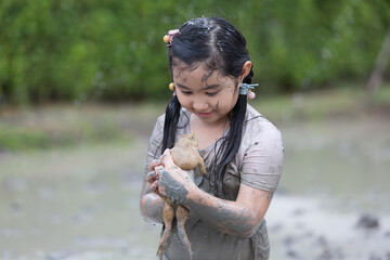 Happy smiling child girl catching big frog in the large wet mud puddle during raining in rainy season
