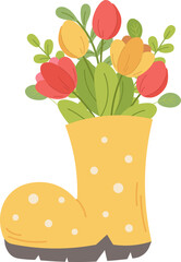 Spring illustration with yellow polka dot rubber boot and bouquet of tulips and twigs. Vector illustration with transparent background