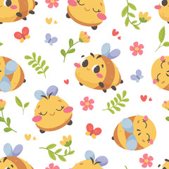 Seamless spring pattern with cute bees, branches and flowers on white background. Vector illustration for printing, prints for children and toddlers