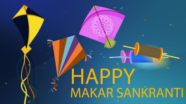 Twilight Kites: Celebrate Makar Sankranti with Joy and Color, Makar Sankranti Stock Video captures the festival's spirit with vibrant kites soaring against a twilight sky. 'HAPPY MAKAR SANKRANTI' text