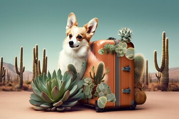  concept wanderlust adventure holiday summer cactus desert traveling suitcase Dog