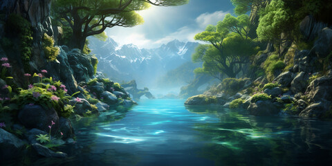 Painting nature, mountains, river, bright sky with green trees and wildlife.