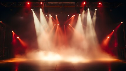 Illuminated stage with scenic lights and smoke, Empty stage with neon lights and spotlights, Concert stage  -Generative AI 