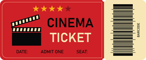 Red cinema ticket. Movie ticket template isolated on white background. Vector illustration