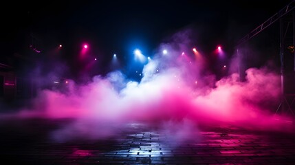 Obraz premium Illuminated stage with scenic lights and smoke, Empty stage with neon lights and spotlights, Concert stage -Generative AI 