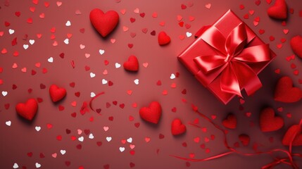 Red gift box surrounded by hearts on crimson background. Valentine's Day celebration.