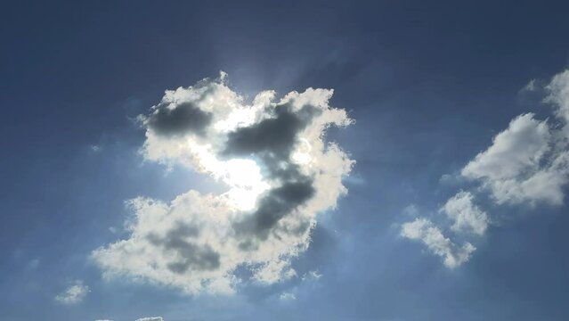 Clouds slowly moving in the sky. Blue sky with white and grey clouds. Sun behind clouds.