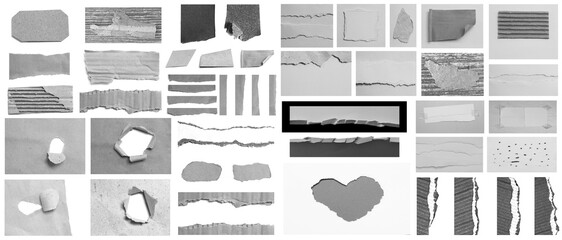 Collection of various vintage note rip paper on white background.