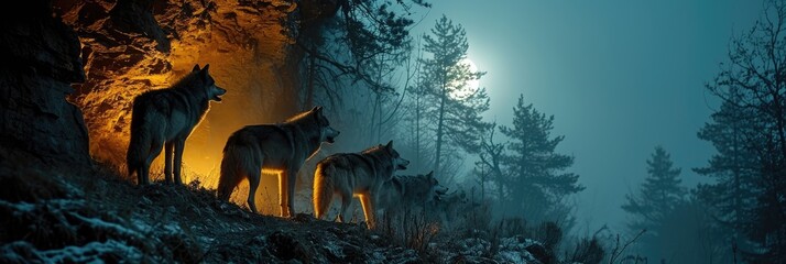 Mysterious Wolves Howling at the Full Moon on a Cliff, their Silhouettes stark against the Night Sky and the Luminescent Moon - Amazing Wolf with Moon Wallpaper created with Generative AI Technology