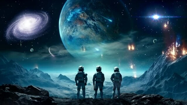 tree astronaut on space watch the falling stars, friendship concept together , beautiful scenery video background animation looping for live wallpaper	
