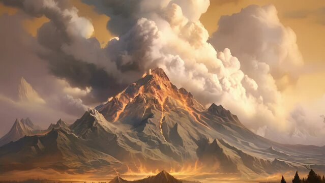 An imposing volcano spewing smoke and ash as a reminder of the power and grandeur Fantasy art concept.