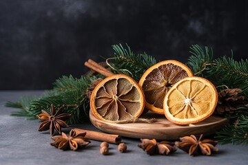 Obraz na płótnie Canvas space copy empty branch fir hazelnuts oranges dried items Christmas