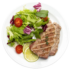 grilled cooked piece of tuna fillet on ceramic plate isolated