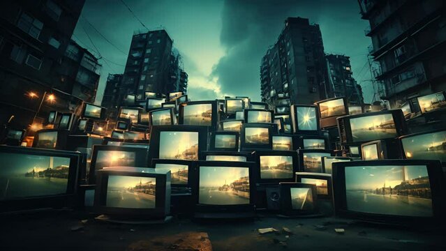 An array of Television sets some with blackened out screens due to clearance discounts with others still brightly lit and ready to go.