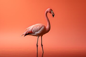 Realistic 3D rendering of a flamingo in a body of water against an orange background, showcasing the bird's vibrant colors with precision.