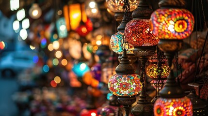 Market With Many Traditional Colorful Handmade Turkish Lamps - obrazy, fototapety, plakaty