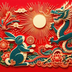 Rabbit passes the relay baton to dragon in red background with Generative AI.