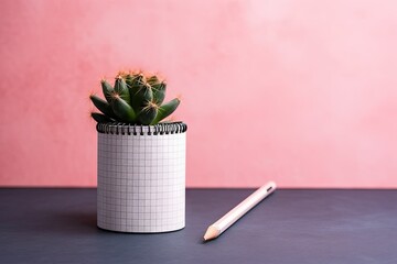 desk office text space copy cactus pot graybackground pink pencil notepad Blank