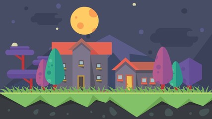 Flat animated vector background of natural views, schools, houses, and mountains