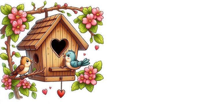 A birdhouse hangs on a flowering branch. A bird near a birdhouse.
