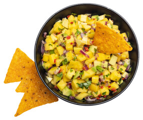 Freshly made mango salsa in a black ceramic bowl