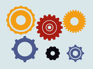 Collection of mechanical gears. Small and large gears. Color sprocket icon design element. White background. Vector illustration. White background. Vector illustration. Vector illustration