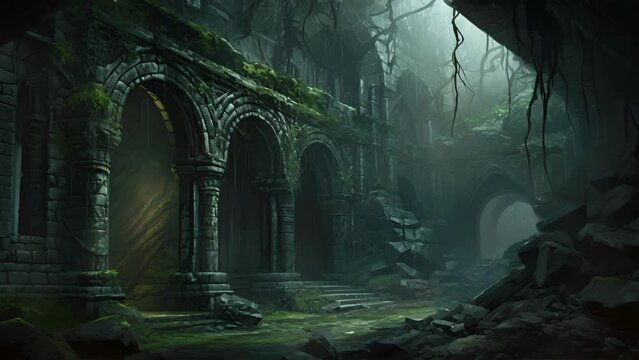 An ancient crypt looms in the mist deep crevices in its stone walls holding untold secrets and mysteries.