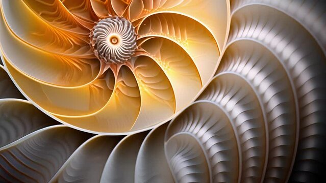 A closeup of a nautilus shell, displaying the perfect symmetry in its spiral shape and intricate patterns.
