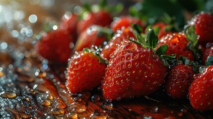 A Vibrant Juicy Strawberries Background with Sparkling Water Droplets against a Backdrop of Soft Diffused Light - Strawberry Fruit Food Backdrop for Advertising created with Generative AI Technology
